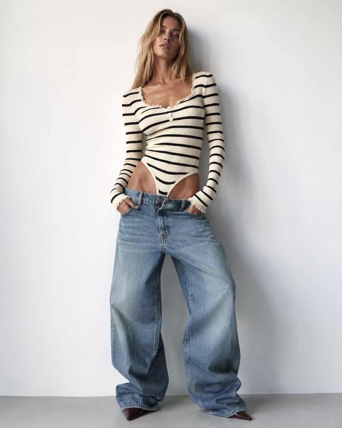 body en maille cotelee a rayures manches longues et encolure carree av beige 6a9189e277672 body en maille cotelee a rayures manches longues et encolure carree av beige 6a9189e277672