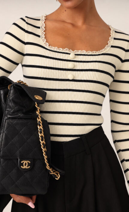 body en maille cotelee a rayures manches longues et encolure carree av beige 6ab11dc941da3