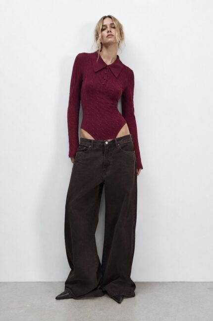 body en maille torsadee ajustee avec col polo petit patte boutonnee et bordeaux 6a999f2cf0e36