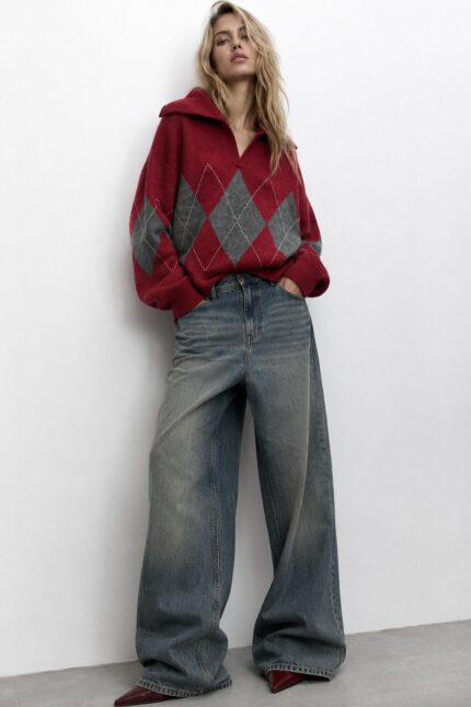 pull oversize en maille jacquard a motifs losanges avec grand col ouve bordeaux 6a994dab3e61c